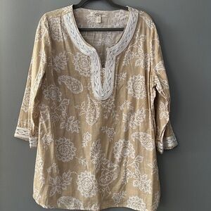 Krazy Kat ¾ Sleeve Tunic Size XL 100% Cotton embroidered lightweight cottagecore